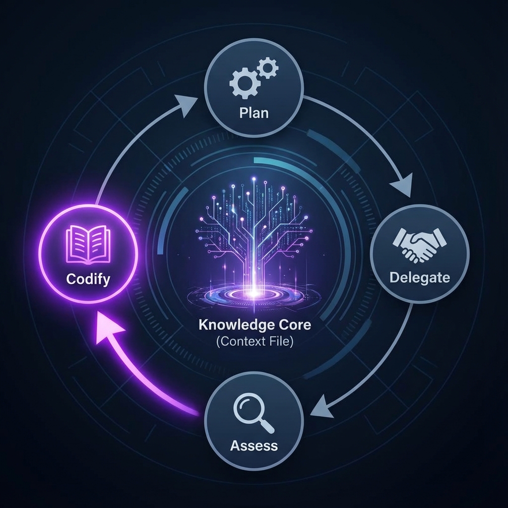Diagram of the Compounding Engineering loop: Plan, Delegate, Assess, Codify.